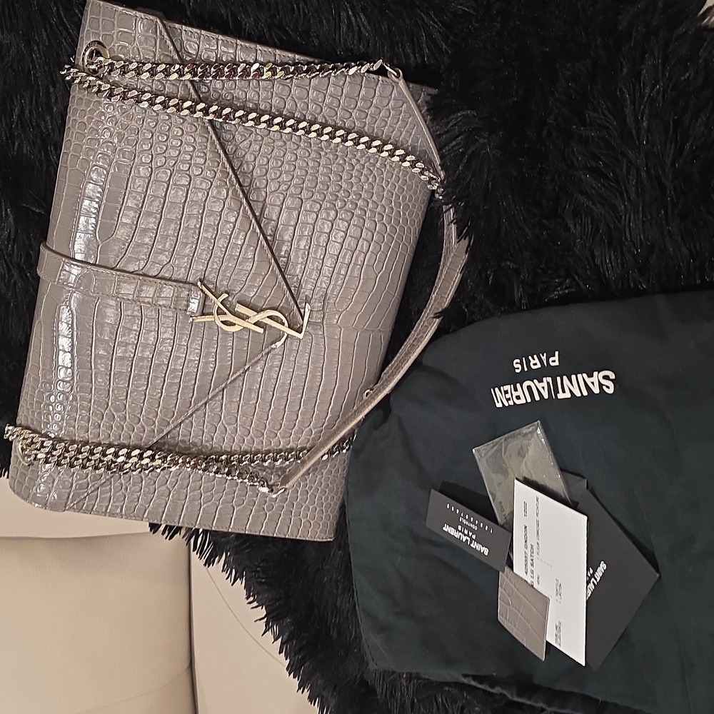 Saint Laurent Large Gray Croc-Embossed Shoulder Bag